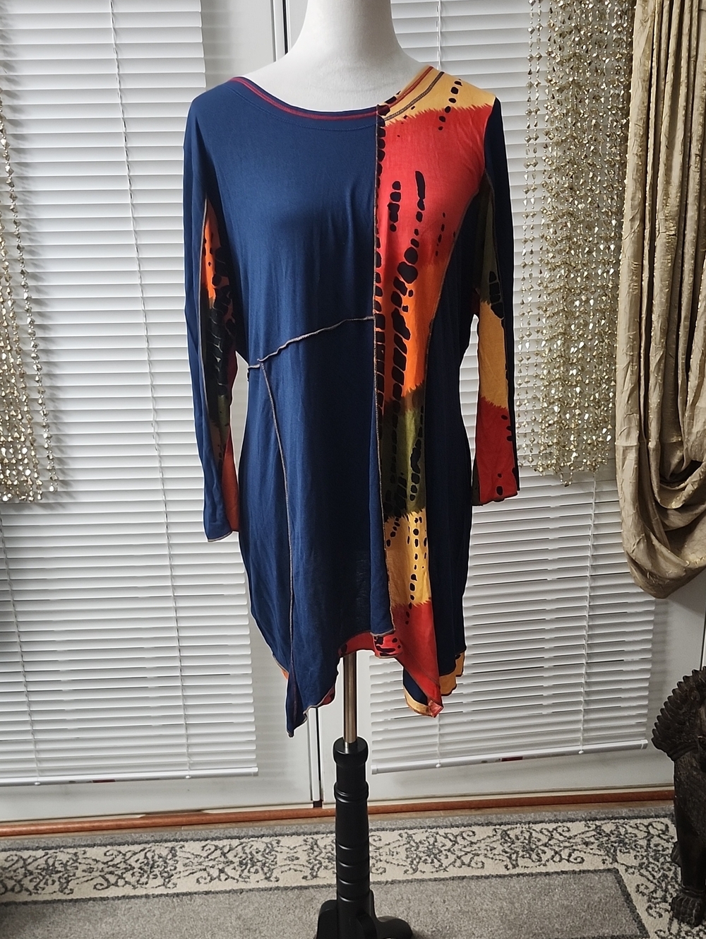 Parsley & Sage Navy Long Sleeve Tunic with Red and Orange Print Panel